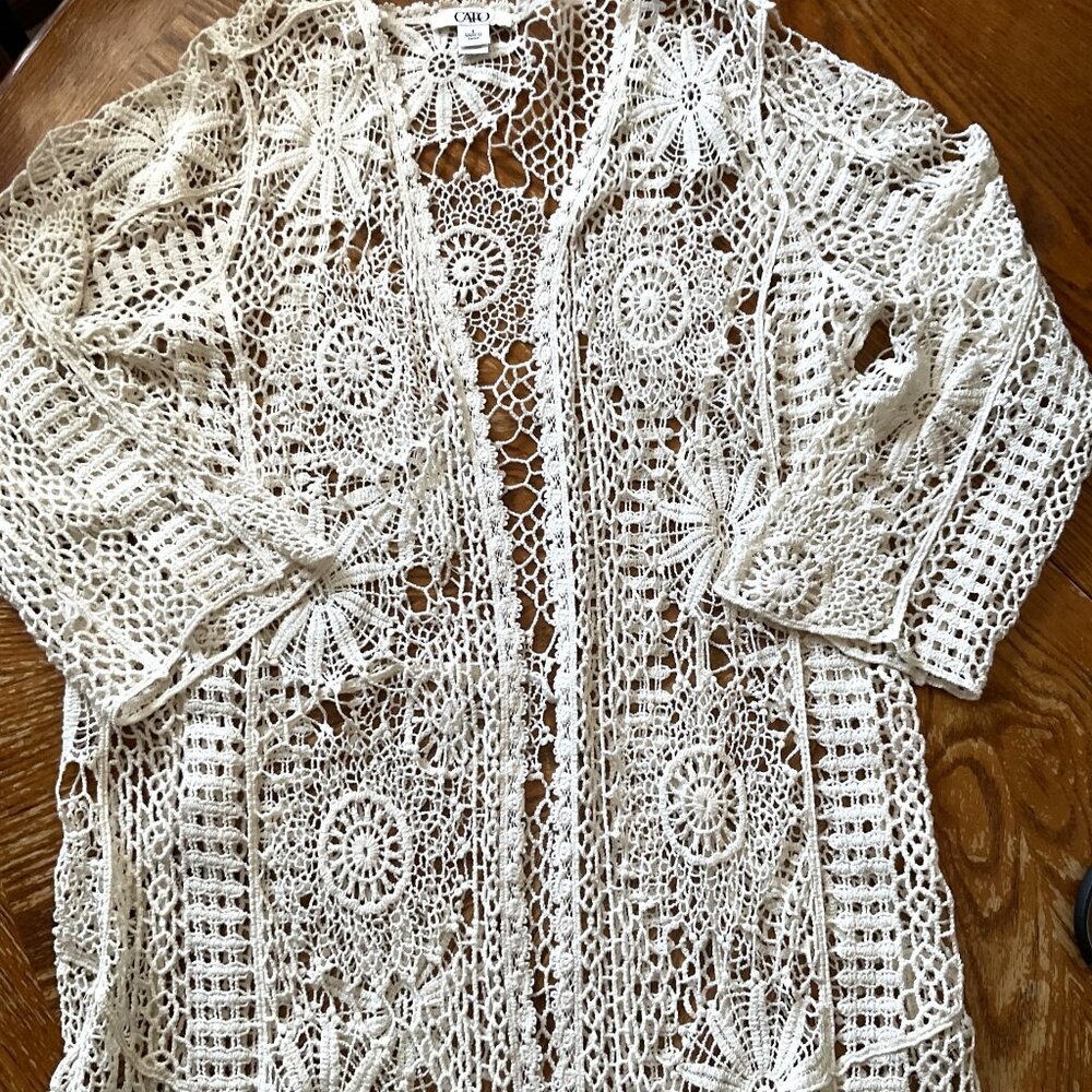 CATO CROCHET FLORAL  LACE FRINGE BOHO OPEN FRONT CARDIGAN - Picture 8 of 16